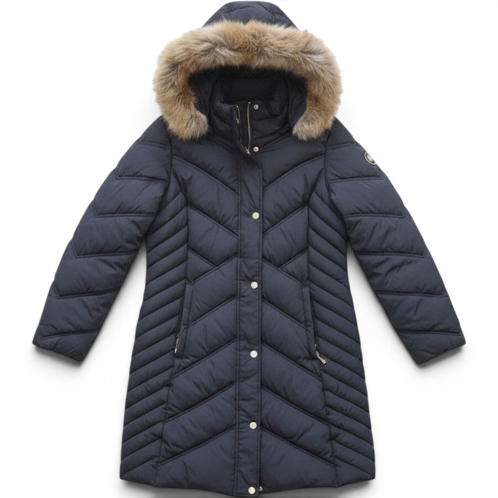 MICHAEL Michael Kors Faux Fur Trim Hooded Puffer Coat Black Gold Luxe Warm Cozy